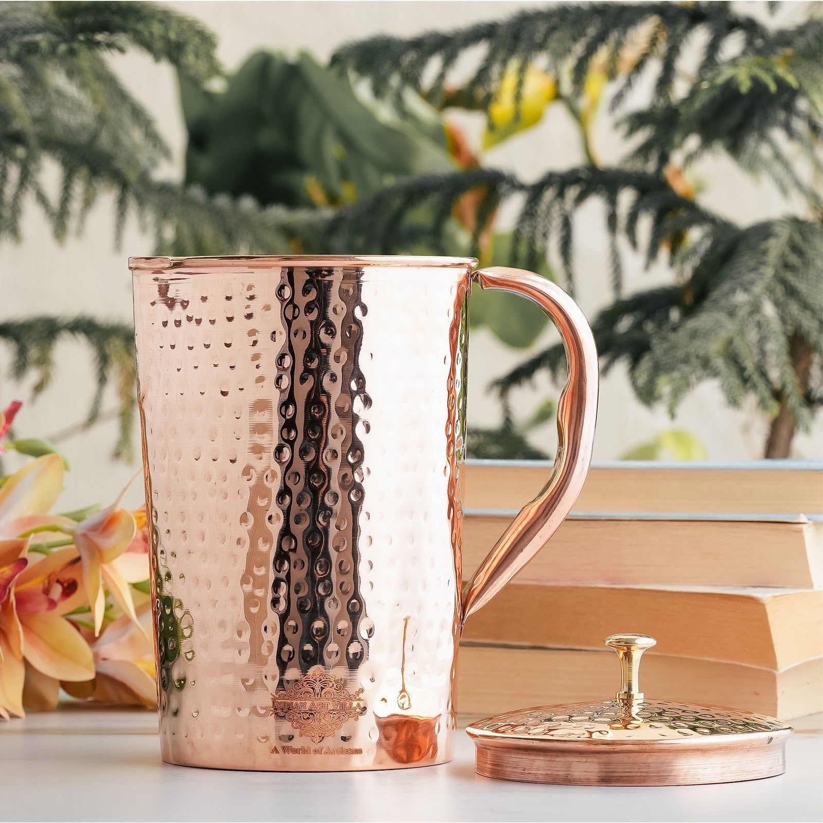 Pure copper hammered antique design jug, pitcher with brass knob on lid hammered, 2000 ML